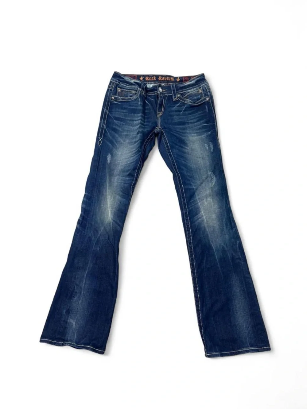 Rock revival Y2K embroidered bootcut flare dark wash jeans fleur-de-lis 30 women - Picture 3 of 7